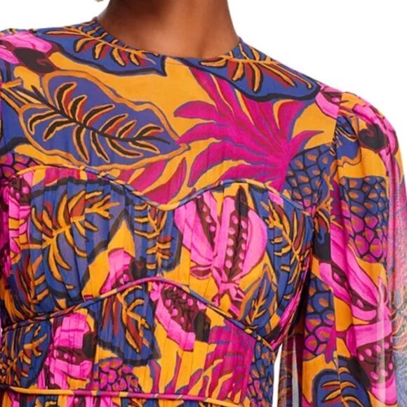 FARM RIO Pink Yellow Fruit Dream Long Sleeve Ruffle Pleated Mini Small $265 - Picture 14 of 14